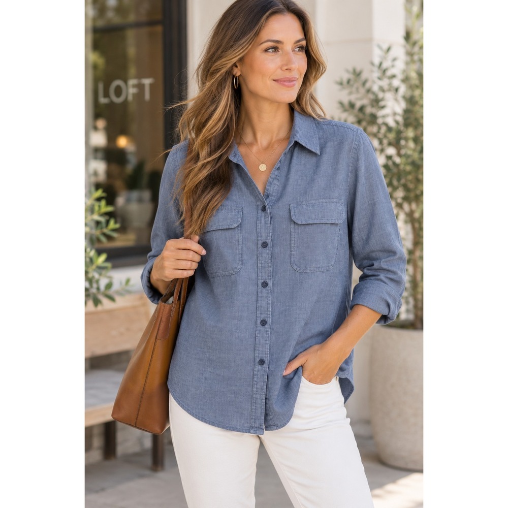 LOFT Womens Large Blue Chambray Button Down Shirt Utility Pockets Casual Layer